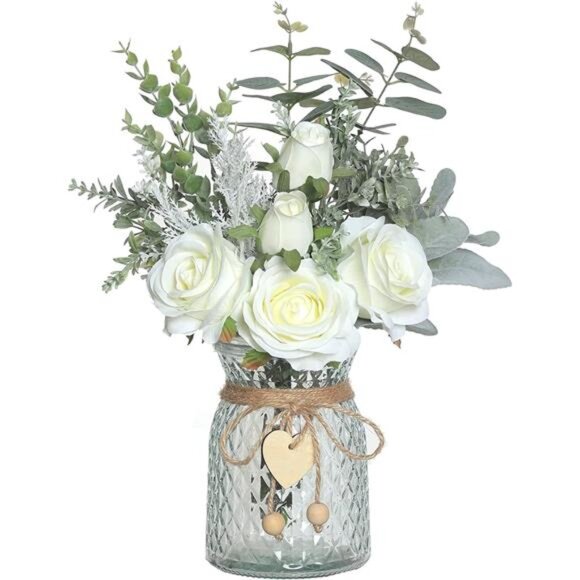 Faux Flowers with Vase,Artificial Silk Roses in Vase,FakePlant Eucalyptus Flower - Picture 1 of 7